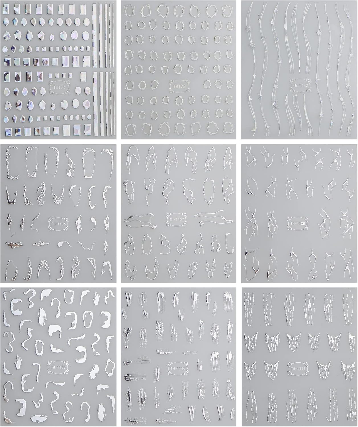 JMEOWIO 9 Sheets Marble Line Nail Art Stickers Decals Self-Adhesive Pegatinas Uñas Silver Nail Supplies Nail Art Design Decoration Accessories-FemmiqueWomen