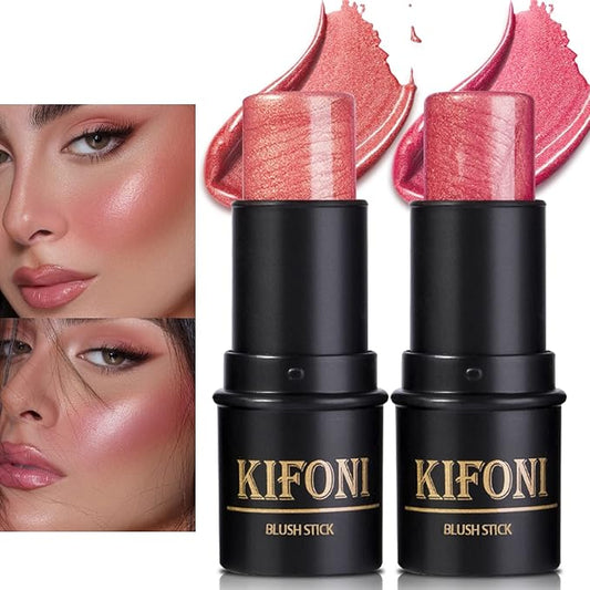 2 Pcs Cream Blush Stick Makeup Kit, Natural Shimmer & Matte Stick Blush Wand for Cheeks, Lightweight Blendable Silky Cream Blush Makeup -Shimmer Blush (#01 Shimmer Pink #04 Shimmer Fuchsia)-FemmiqueWomen