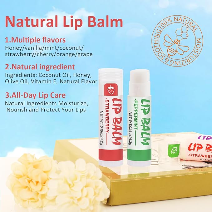 16 Pack Lip Balm, Natural Lip Balm Bulk with Vitamin E and Coconut Oil, Moisturizing Lip Balm for Dry Cracked Lips, Lip Balm for Stocking Stuffers - 8 Flavors-FemmiqueWomen