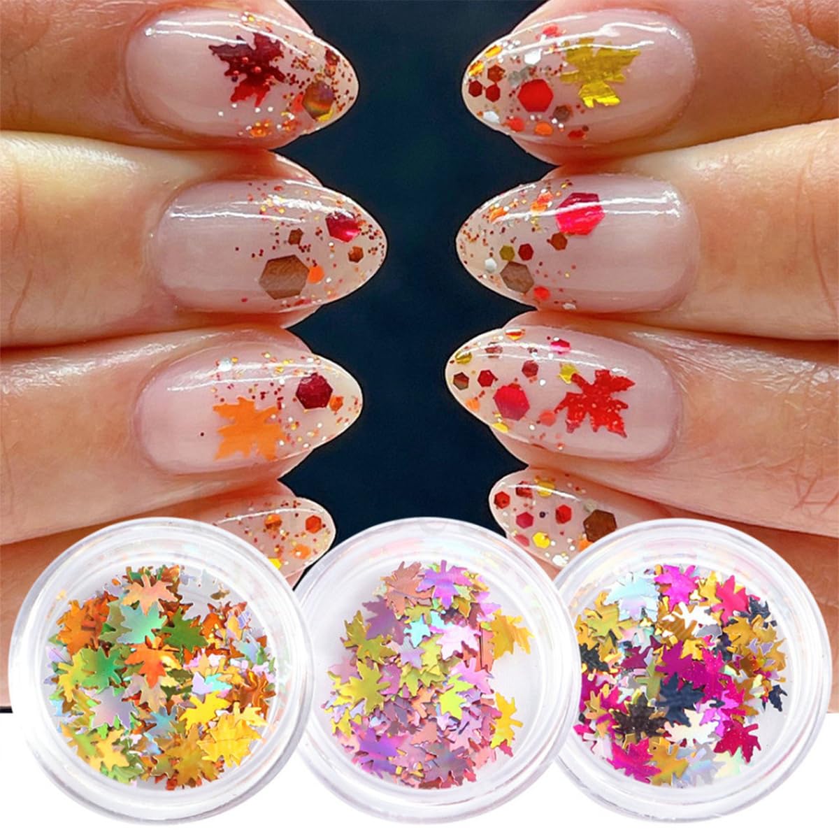 3D Maple Leaf Glitter Nail Sequins Fall Nail Stickers Autumn Nail Glitters Holographic Vintage Maple Leaves Nail Designs Thanksgiving Nail Decals for Manicure Decoration-FemmiqueWomen