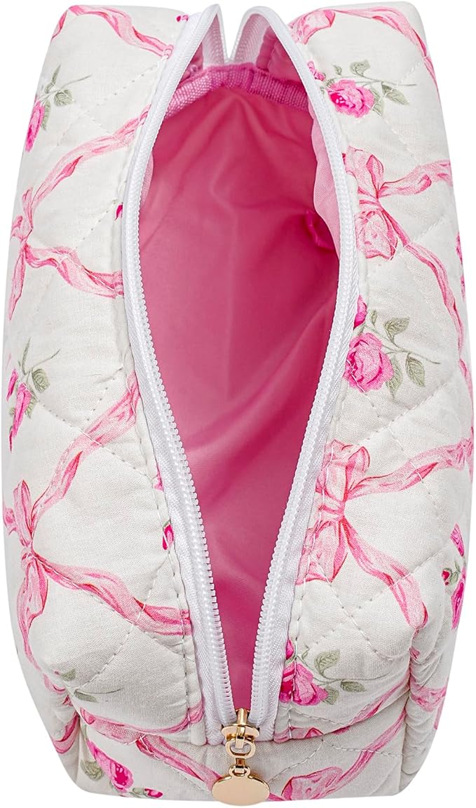 Makeup Bag Travel Cosmetic Bag for Women Girls, Zipper Make Up Pouch, Floral Flowers Toiletry Organizer Makeup, Portable Storage Bag, Cosmetic Travel Cloth Bag (2 Pack (L+S)/Pink Bowknot)-FemmiqueWomen