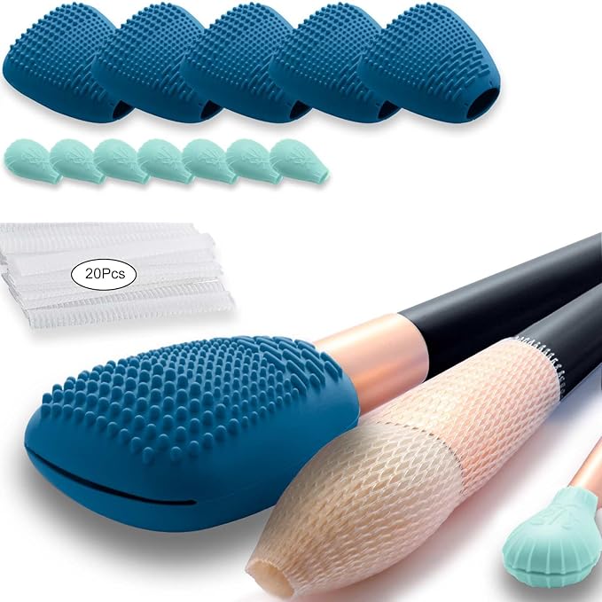 Silicone Travel Make-up Brush Holder with Cleaner Mat Pad, Organizer Case Covers for Foundation Eye Lip Brushes Storage Cleaning, Gift for Women Girl-friend Mother Wife, 5-Pcs Large + 7 Small, Blue-FemmiqueWomen