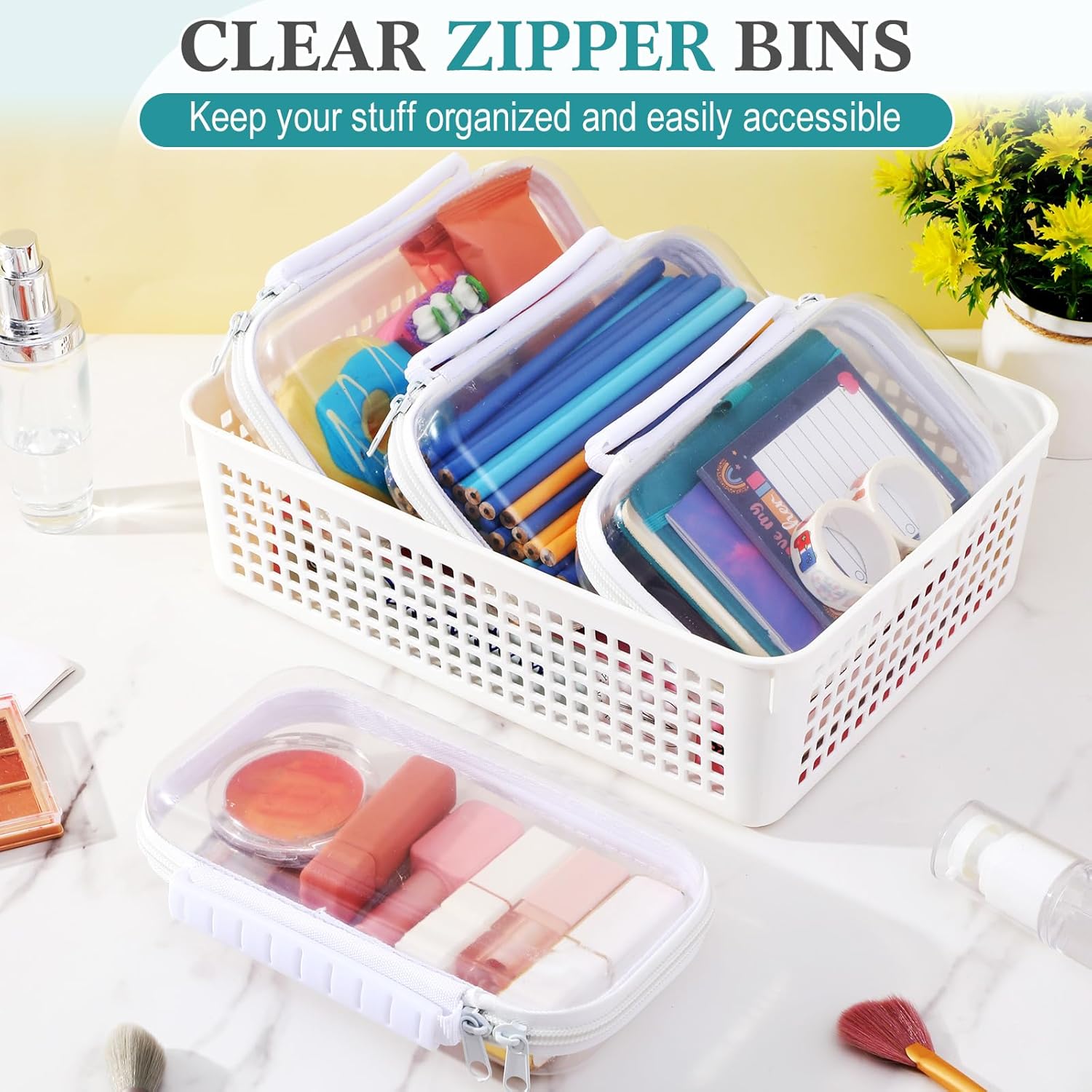 Sanwuta 4 Pcs Clear Hard Zipper Case with Handle Office Storage Cases Hard Plastic Pouches Transparent Bins for Crafts, Pencils, Snacks, Cosmetics, Puzzles(7.5 x 4 x 2 Inches,White)-FemmiqueWomen