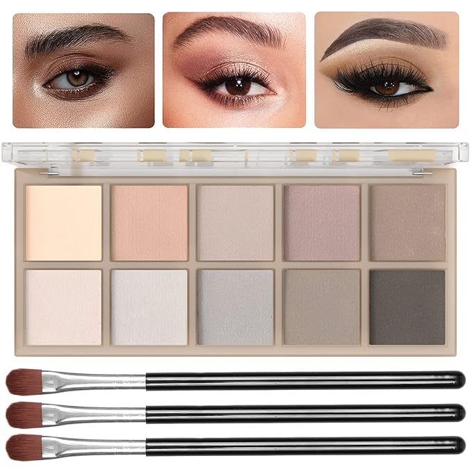 10 Colors Eyeshadow Palette Matte Naked Eye Shadow Makeup,High Pigmented, Naturing-Looking, Ultra-Blendable,Long Lasting High Pigment Nude Eyeshadow with 3 Eyeshadow Brush(Cement color)-FemmiqueWomen