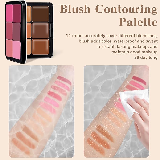 12 Colors Color Correcting Concealer Foundation Palette, Cream Blush and Concealer Palette, Long Wearing Smudge Proof Blendable Matte Finish Blush Powder Highlighter Cream Contour Palette Makeup (02)-FemmiqueWomen