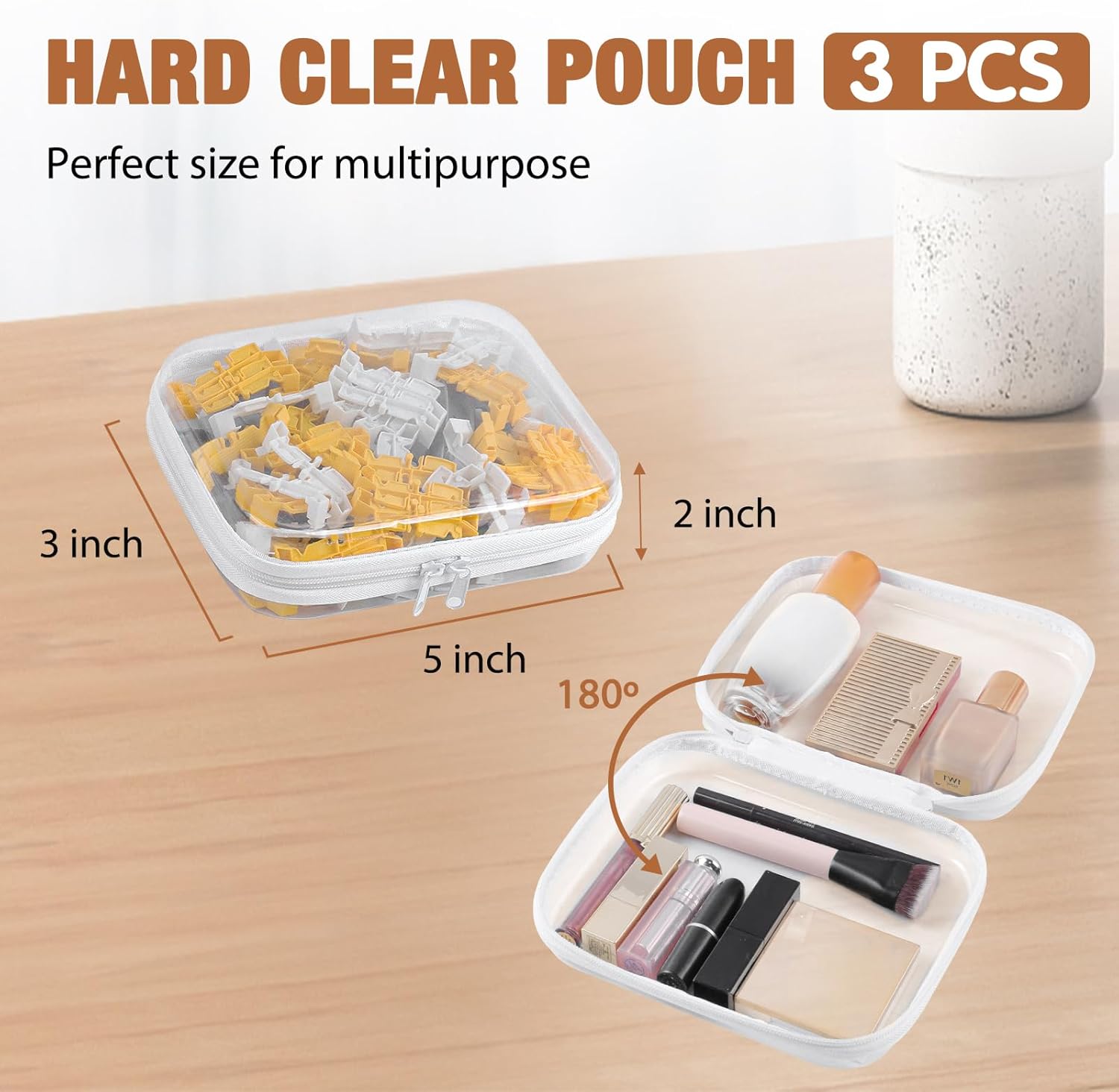 Clear Hard Shell Zipper Case 3 PCS Clear Cosmetic Make up Bag Waterproof Travel Toiletry Bag for Women, Hard Plastic Zipper Pouches Portable Travel Storage Organizer Bins (White, 5"x3"x2")-FemmiqueWomen