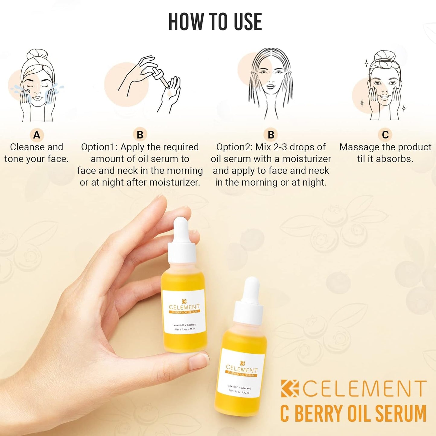 C Berry Oil Serum with Vitamin C, Sea Buckthorn, Rosehip, Jojoba, Squalane - Reduces Hyperpigmentation, Age Spots, Scars, Fine Lines - Nail and Cuticle Treatment - Glowing Skin, 1 fl. oz-FemmiqueWomen