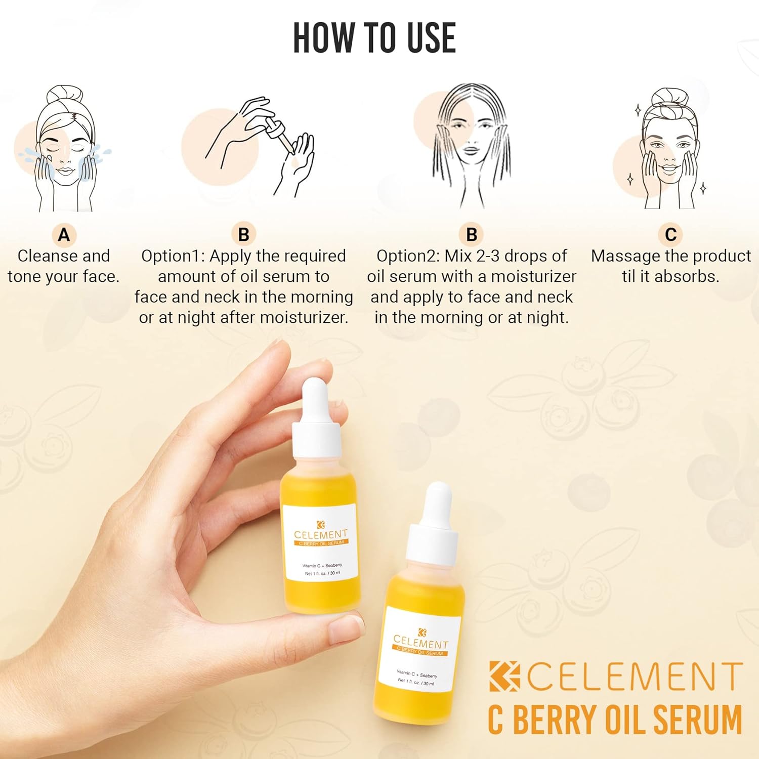 C Berry Oil Serum with Vitamin C, Sea Buckthorn, Rosehip, Jojoba, Squalane - Reduces Hyperpigmentation, Age Spots, Scars, Fine Lines - Nail and Cuticle Treatment - Glowing Skin, 1 fl. oz-FemmiqueWomen