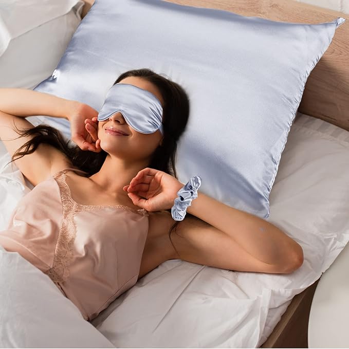 2 Pack Satin Pillowcase with Latent Zipper, Adjustable Satin Eye Mask for Sleeping and Satin Volume Scrunchie for Hair and Skin, Standard Size (Silver,Classic Style)-FemmiqueWomen