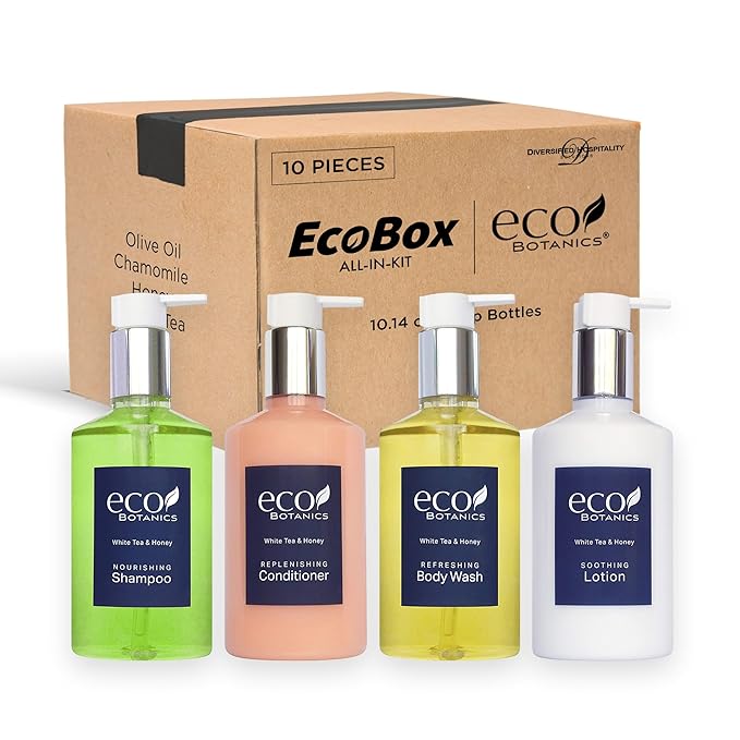 1-Shoppe Eco Botanics 10 Piece Ecobox All-In-Kit | White Tea and Honey Soap | 3 Shampoo, 2 Conditioner, 3 Body Wash & 2 Lotion | 10.14oz Hotel Soaps and Toiletries Bulk | Personal Care Products-FemmiqueWomen