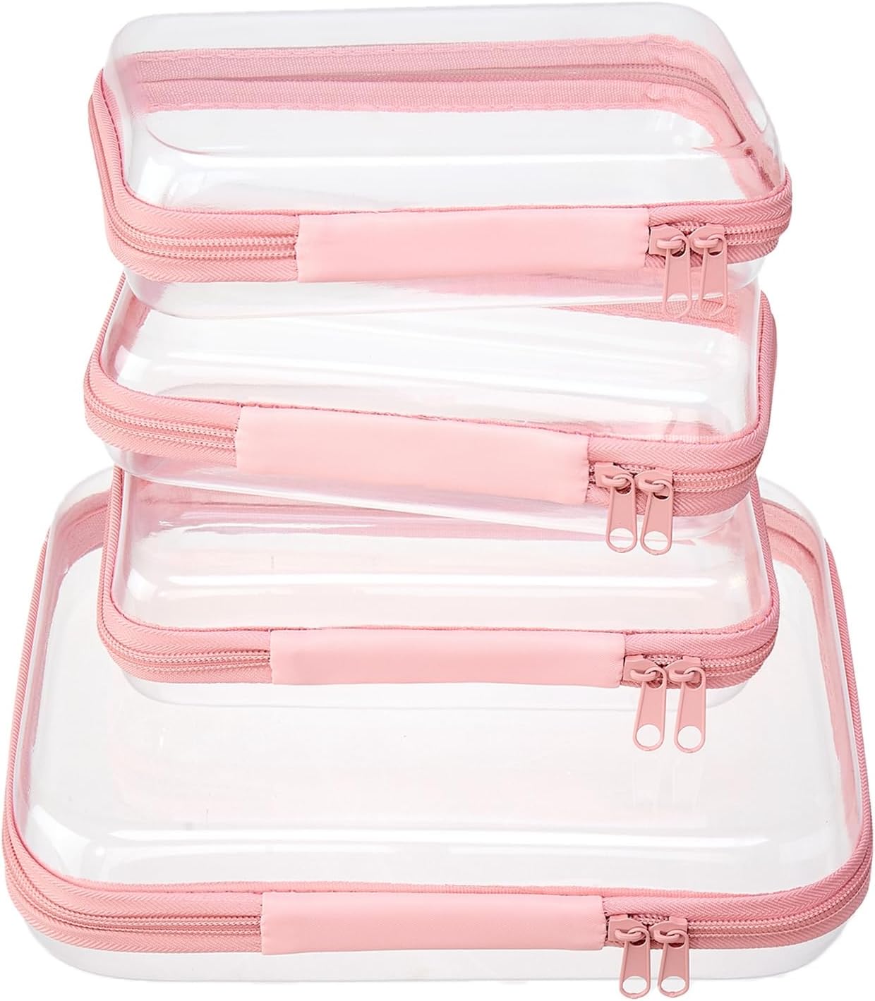 4 pcs Clear Zipper Pouches,Hard Shell Zipper Case, Toiletry Bag for Travel, CLear Diaper Bag, Toiletry Pouch, Travel Organizer, Clear Cosmetic Bag,Toy Storage Bins (M+3S) (Light Pink)-FemmiqueWomen