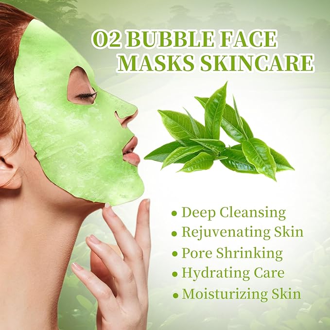 10 Sheets Face Masks Skincare O2 Bubble Green Tea Face Mask, Cleaner Bubble Sheet Masks Foaming Purifying Facial Mask for Pores, Moisturizing Spa Face Masks Skin Care For All Skin Type-FemmiqueWomen