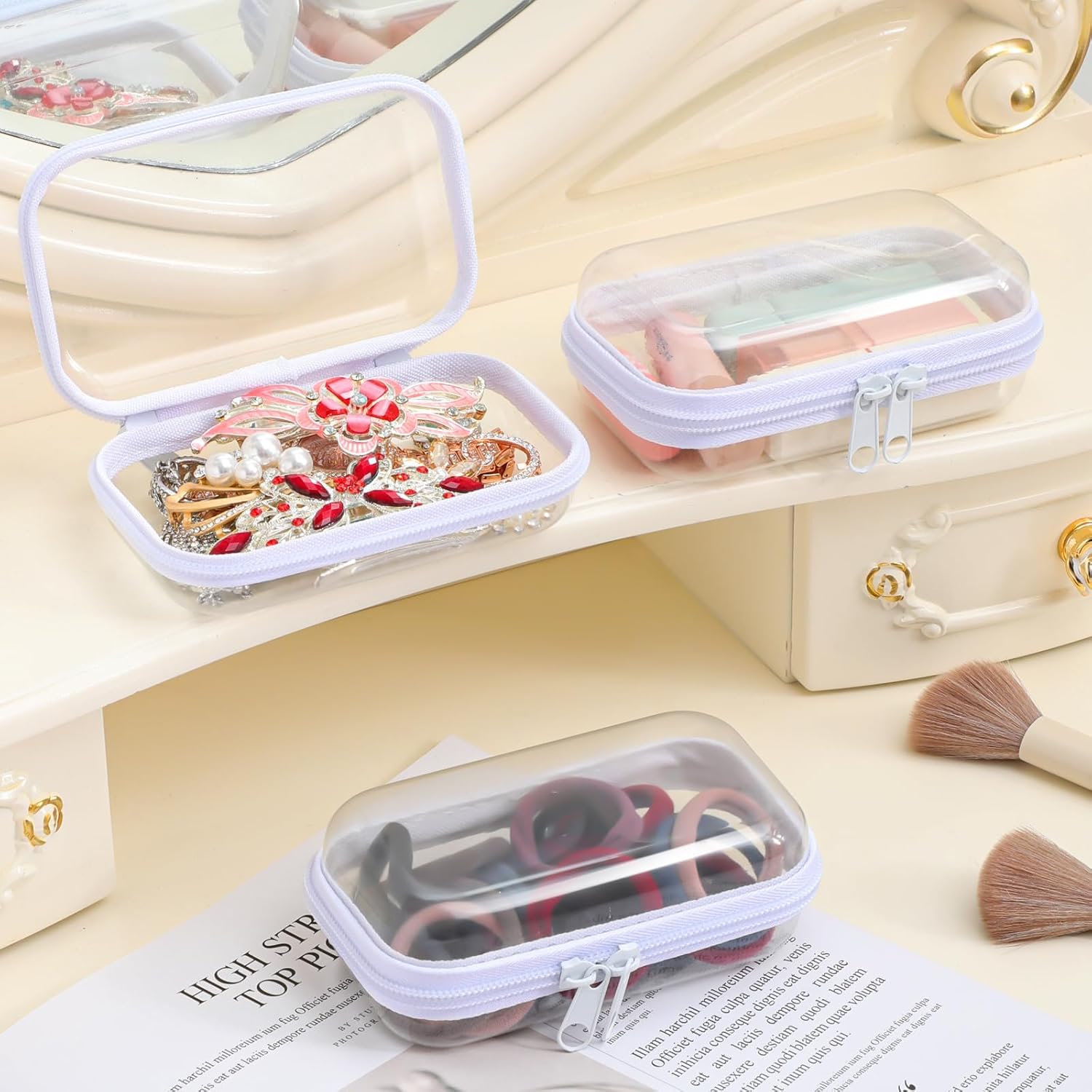 Hoolerry 3 Pcs Clear Hard Zipper Case Plastic Pouch Transparent Hard Case Clear Makeup Bag Portable Travel Organizer Bin for Cosmetics, Building Blocks, Puzzles(White,Xs)-FemmiqueWomen