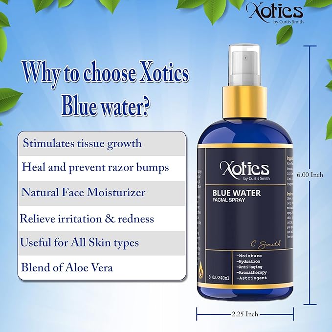 Xotics Blue Water Facial Spray - 8oz - Hydrating Face Mist with Aloe Vera - Refreshing Toner for Men & Women, Aftershave, Daily Moisturizing Splash for All Skin Types-FemmiqueWomen