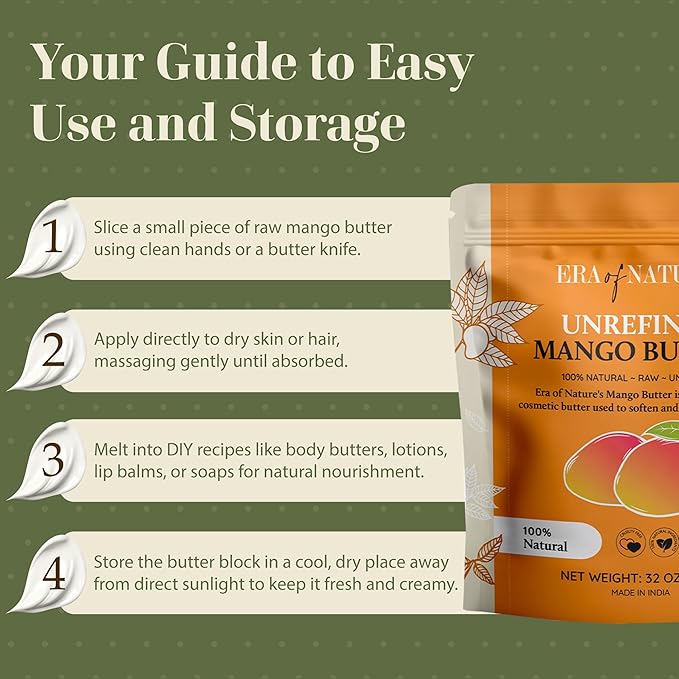 era of nature Organic Unrefined Raw Mango Body Butter Block 32oz - Moisturizing Mango Seed Raw Butter Bar for Skin & Hair, DIY Lip Balm Base, Cream, Soap & Lotion Making Supplies, Personal Skincare-FemmiqueWomen