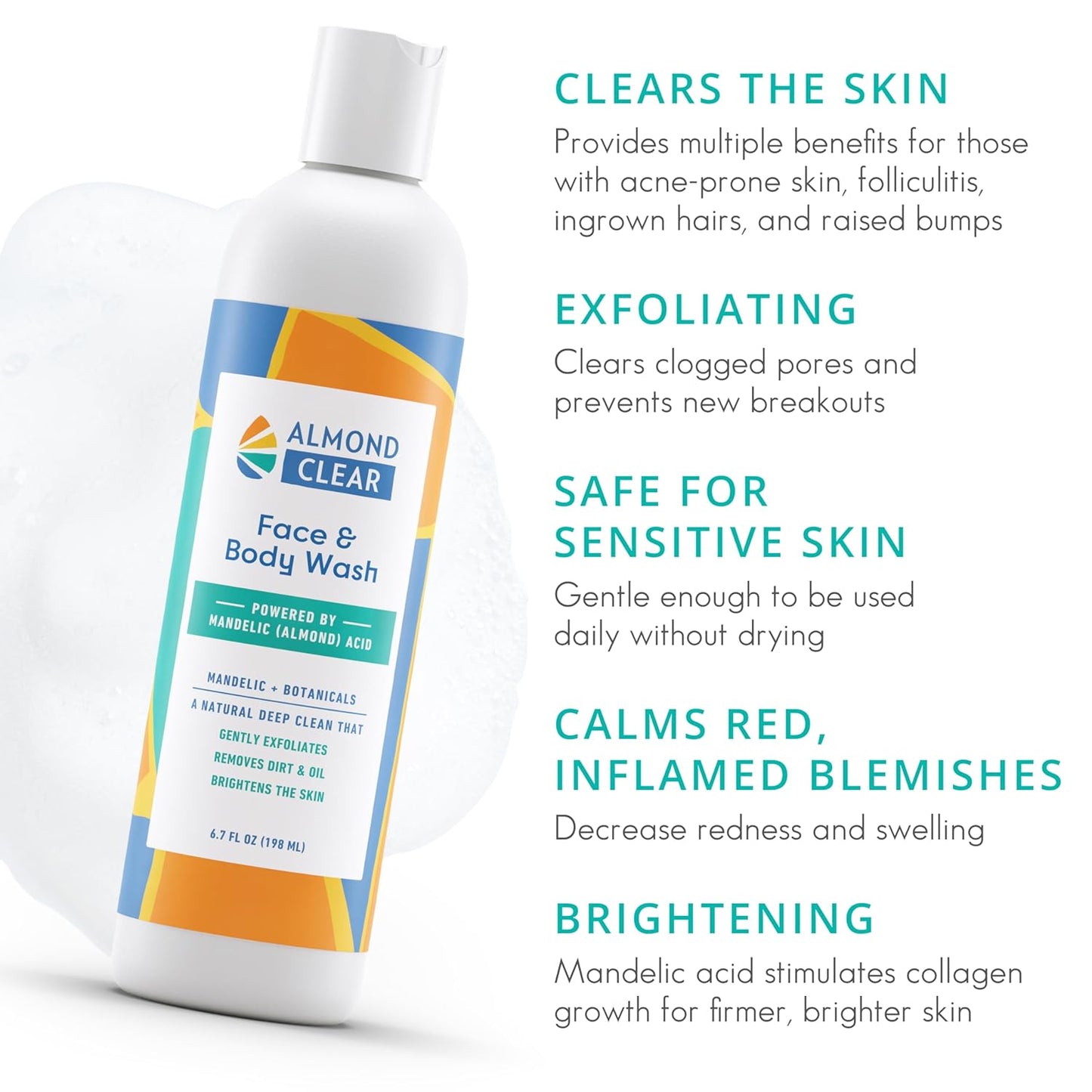 Face & Body Wash | Skin Care for Acne and Folliculitis-Prone Skin - Gentle Acne Face & Body Wash, Exfoliating Cleanser with Mandelic Acid | 17.25 oz-FemmiqueWomen