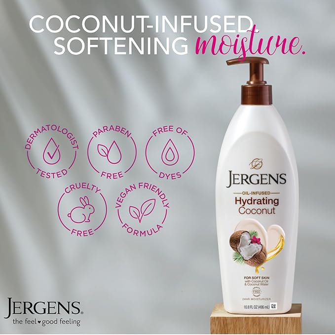Jergens Hydrating Coconut Body Lotion, Hand and Body Moisturizer, Infused with Coconut Oil, Hydrates Dry Skin Instantly, Dermatologist Tested, 16.8 oz, Pack of 3-FemmiqueWomen