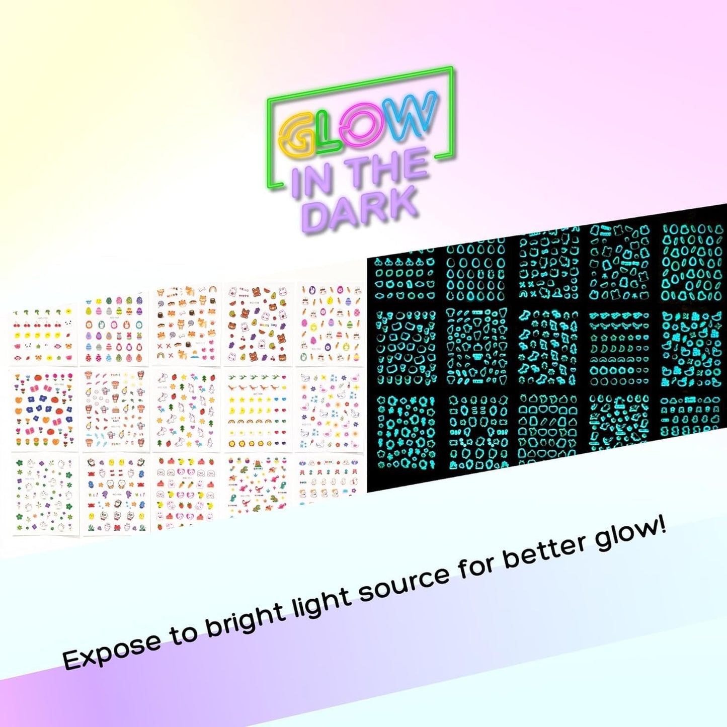 15 Sheets of Nail Stickers for Kids - 735 Cute Nail Stickers - Nail Decals for Girls - Flower, Bunny, Unicorn, Bear, Fruits | Glow in The Dark-FemmiqueWomen