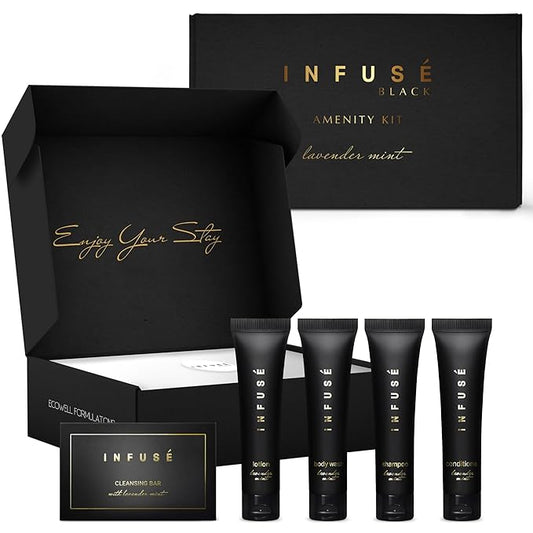 Infuse Black Amenity Kit | Boxed Hotel Toiletries | Bulk Set 1 oz Travel Size Shampoo, Conditioner, Lotion, Body Wash & Cleansing Bar for Guest Hospitality AirBnB/Vacation Rentals | 1 set per case-FemmiqueWomen