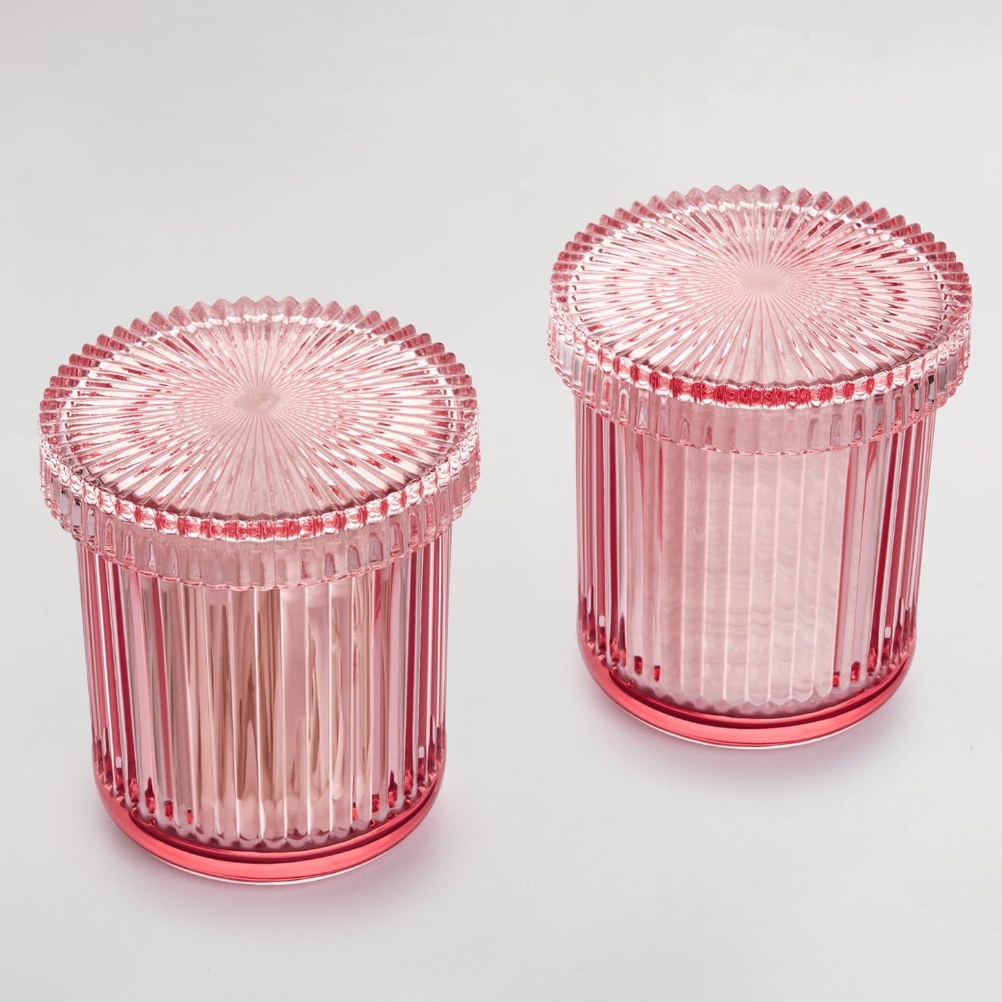 2 Pack Qtip Holders for Bathroom, Clear Glass Apothecary Jars with Lids,Vintage Bathroom Canisters for Cotton Balls,Swabs,Floss Picks,Hair Ties,Vanity Organizer and Storage Decor (Pink)-FemmiqueWomen