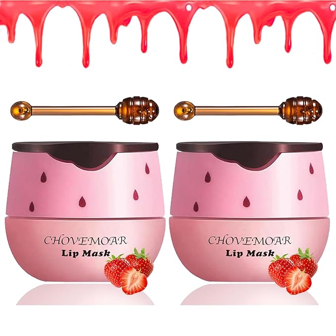 2 PCS Strawberry Lip Mask Lip Balm Honey Pot, Vitamin E & Moisturizing Propolis Sleeping Lip Mask Prevention Dry and Cracked Lip Scrubs Exfoliator (2 strawberry)-FemmiqueWomen