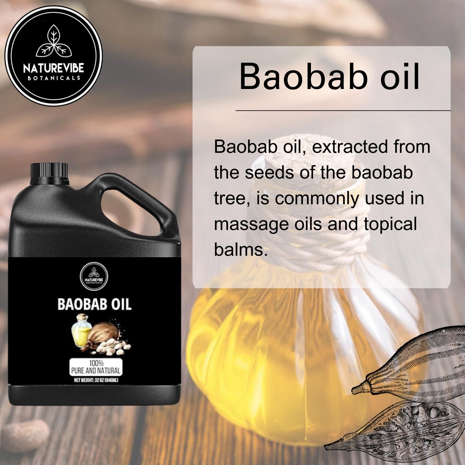 Naturevibe Botanicals Baobab Oil 32 Ounces | 100% Pure and Natural | Great for Skin Care and Hair Care-FemmiqueWomen