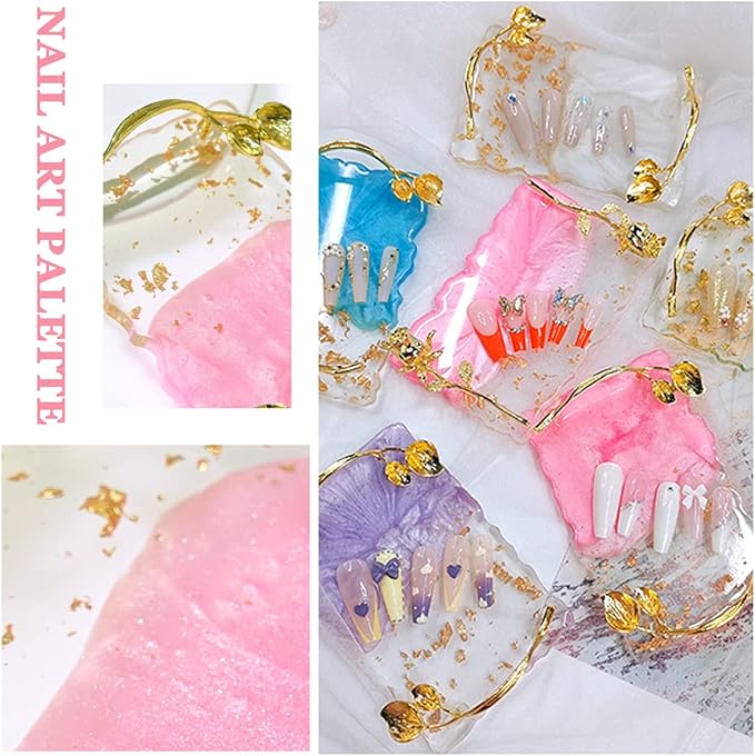 2023 Retro Nail Art Palette, Nail Painting Mixed Color Palette with Leaves Handle, Nail Holder Gel Color Makeup Display Board Pallet (Pink)-FemmiqueWomen