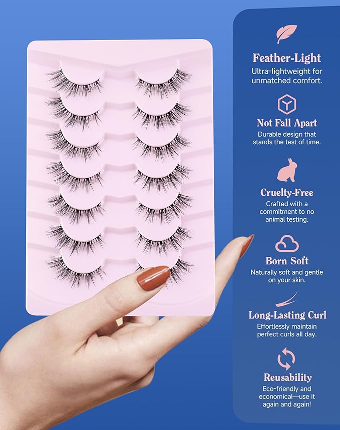 Lashes Volume False Eyelashes Wispy Natural Look Everyday Flared Strip EyeLash Fluffy Lash Long Soft Round-Eye Pack 16MM 7 Pairs D89-FemmiqueWomen