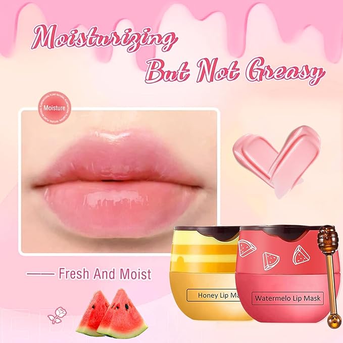 3 PCS Bee Lip Mask Honey Pot Lip Balm,Strawberry Watermelon Lip Mask Overnight Hydrating Dry and Crack Lip Scrubs Exfoliator Propolis Lip Sleeping Mask (Strawberry & Watermelon & Honey)-FemmiqueWomen