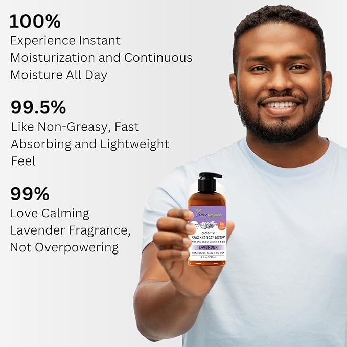 RaGaNaturals Lavender Shea Butter Hand and Body Lotion, 8 Fl Oz - Moisturizing, Plant-Based, Vegan, with Argan, Avocado Oil & Vitamin E-FemmiqueWomen