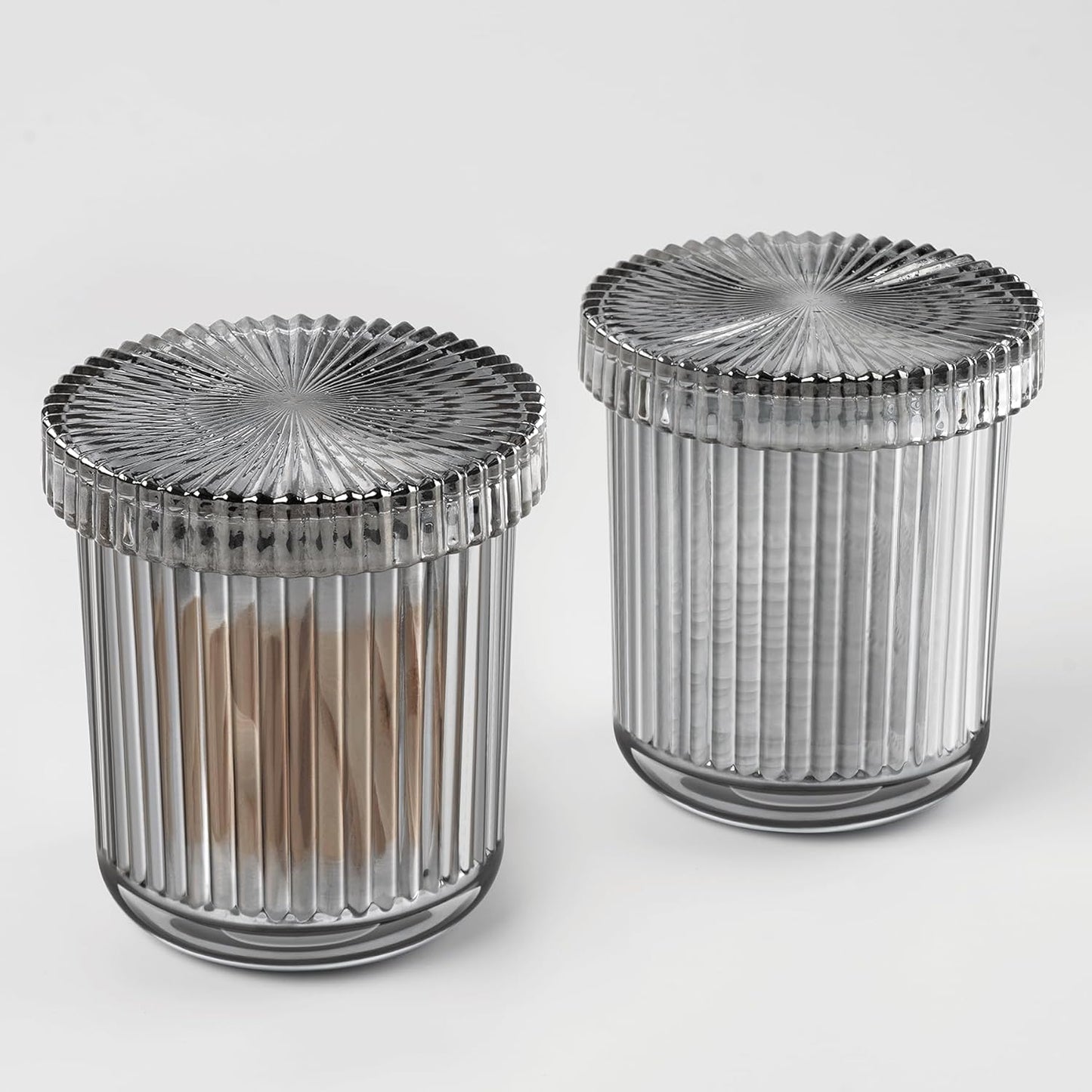 2 Pack Qtip Holder - Apothecary Jars with Lids, Bathroom Organizers and Storage Canister for Cotton Balls,Swabs,Floss Picks,Hair Ties,Clear Glass Vintage Bathroom Decor Jar Set (Gray)-FemmiqueWomen