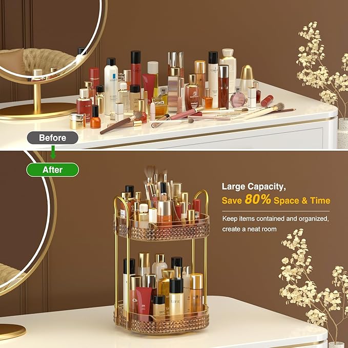 Awenia Rotating Makeup Organizer 360, Stackable Adjustable Large Capacity Cosmetic Storage Unit,Dresser Bathroom Kitchen Countertop Organizer with Metal Handle, Plus Size (Honorable Gold, 2 Tier)-FemmiqueWomen