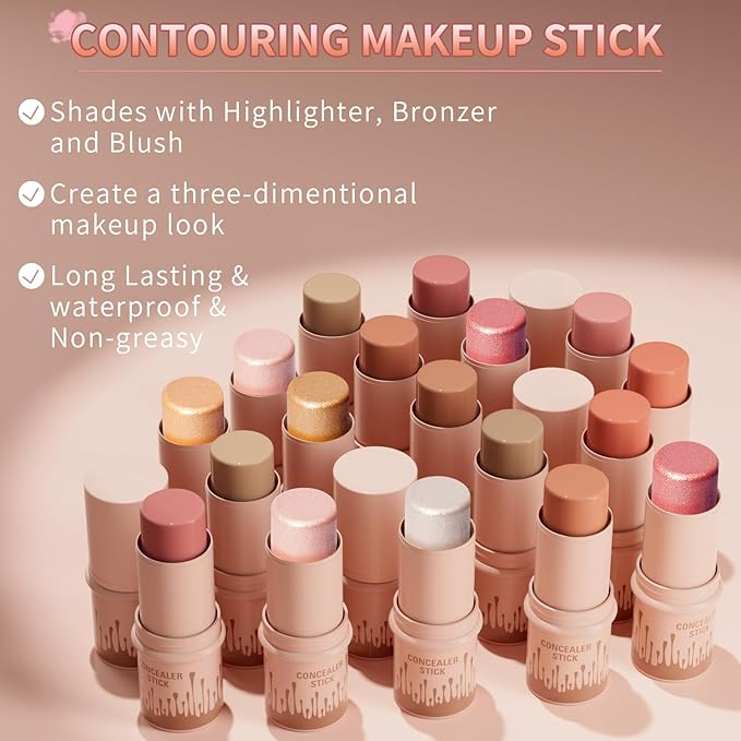 3Pcs Cream Contour Stick, with Highlighter Stick Milk Bronzer Stick Blush Stick, Face Contour Stick Highlighter Makeup with Makeup Brush and Sponge, Easy to Sculpt the Face, Long Lasting-FemmiqueWomen