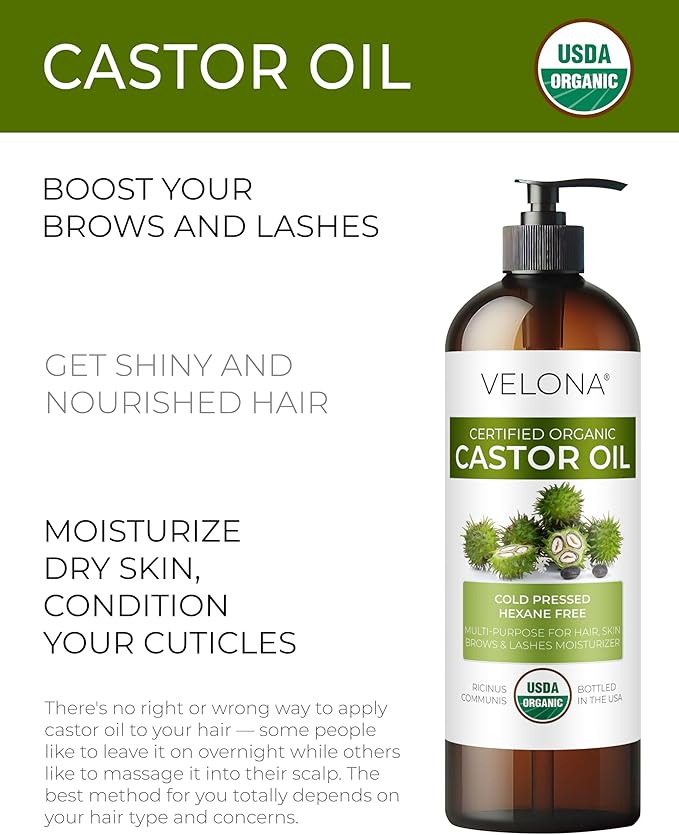 velona USDA Certified Organic Castor Oil - 16 fl oz (With Pump) | For Hair Growth, Boost Eyelashes, Eyebrows | Cold pressed, Natural Oil, USP Grade | Hexane Free, Lash Serum, Caster-FemmiqueWomen
