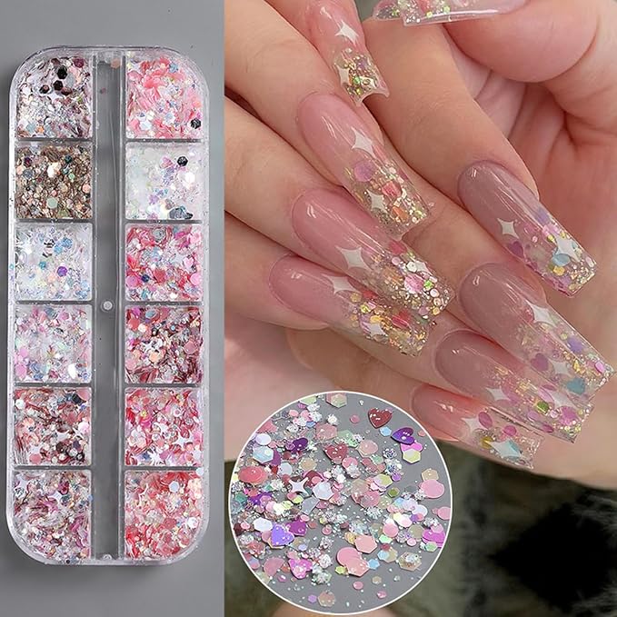 12 Grids Star Nail Art Glitter Sequins Heart Shaped Mermaid Nail Sequins Holographic Mermaid Nail Flakes Sticker Sequin Heart Nail Art Glitter for Women DIY Acrylic Nail Decoration-FemmiqueWomen