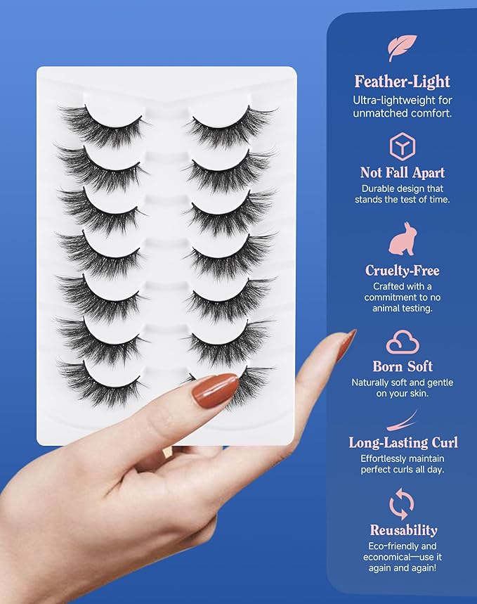Lashes Cateye Wispy False Eyelashes Volume Flared Mink Eyelash Strip Lashes Soft Cat Eye Lash Natural Pack 7 Pairs Everyday 17MM D74-FemmiqueWomen