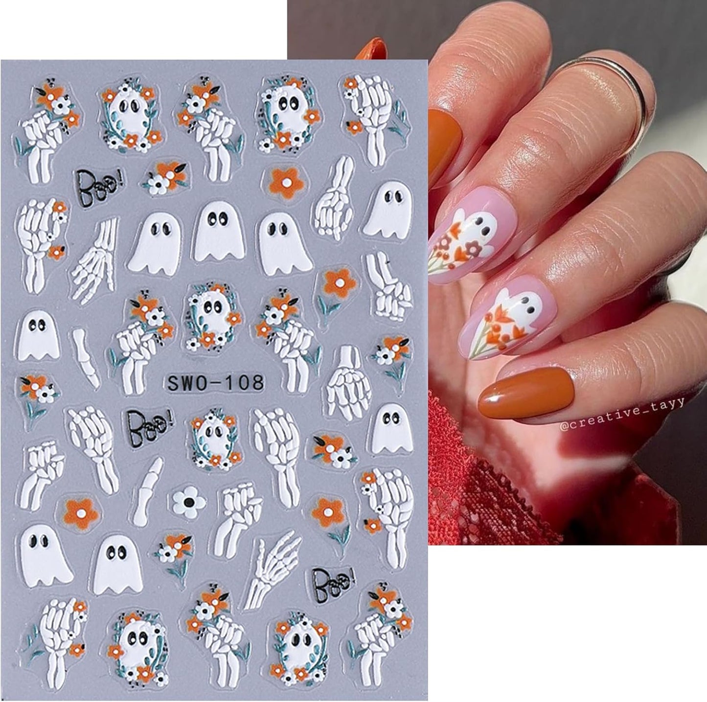 2 Sheets Halloween Nail Art Stickers Decals 5D Embossed Skeleton Rose Nail Decals Black Birds White Ghost Flower Skull Rose Design Halloween Nail Stickers Manicure Accessories for Women Nail Art Decor-FemmiqueWomen