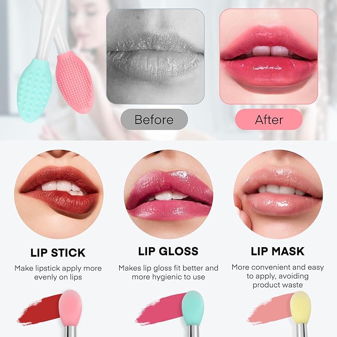 Unaone Lip Scrub Brush - 4 PCS Dual-ended Lip Scrubber Exfoliator and Silicone Lip Brush, 2-in-1 Silicone Lip Scrub Tool Lip Mask Applicator, Gentle Exfoliator & Applicator for Soft-FemmiqueWomen