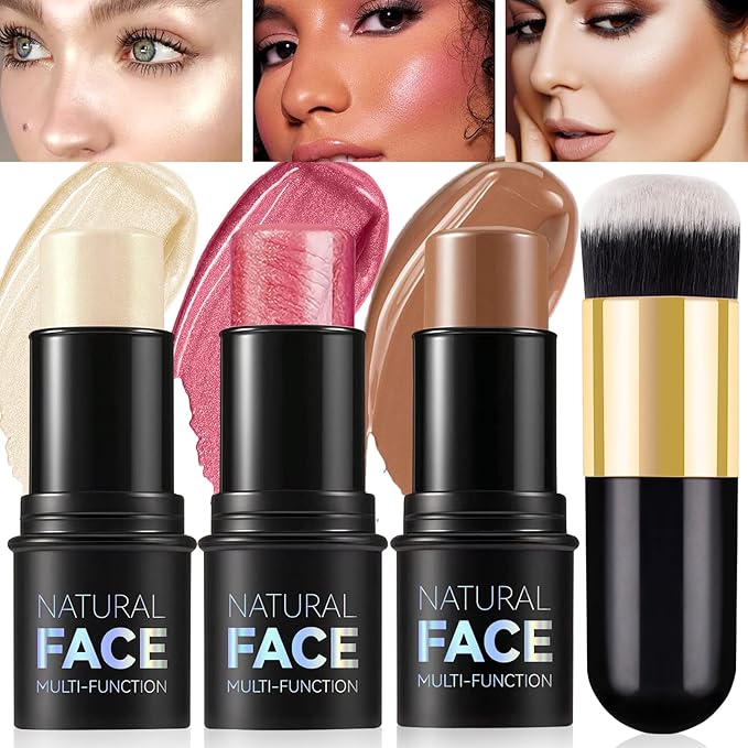 3Pcs Cream Contour Stick Makeup Kit - Cream Blush Stick Highlighter Stick Contour Bronzer Stick for Cheeks, Waterproof Long Lasting Blendable, Contour Stick Trio for Face Makeup (#01, 03, 04)-FemmiqueWomen