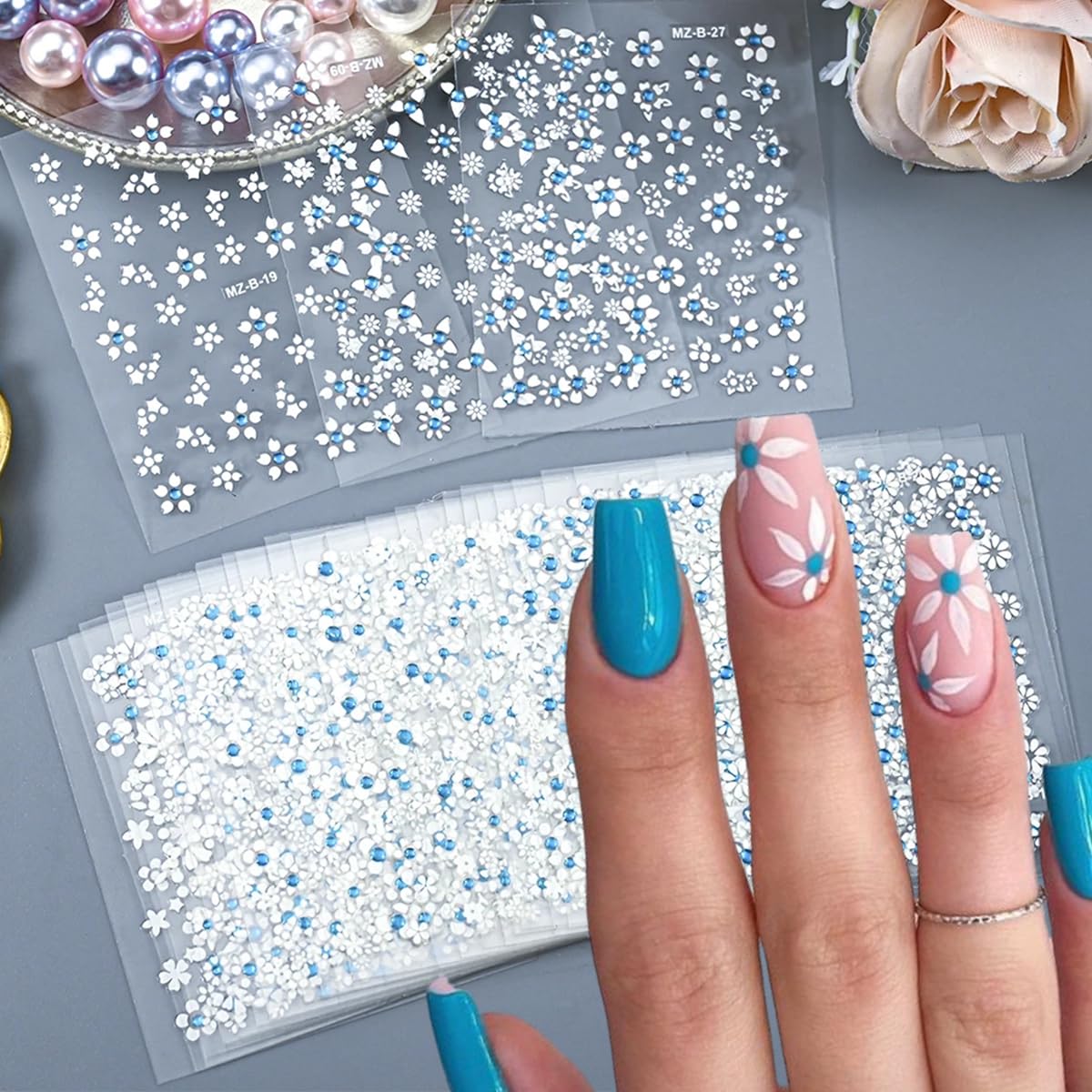 30Pcs White Flower Nail Art Stickers Decals- Daisy Floral Cherry Blossoms Nail Stickers Blue Rhinestone Nail Designs Sticker for Gel Nails 3D Self-Adhesive Spring Nail Decals for Nail Art Decoration-FemmiqueWomen