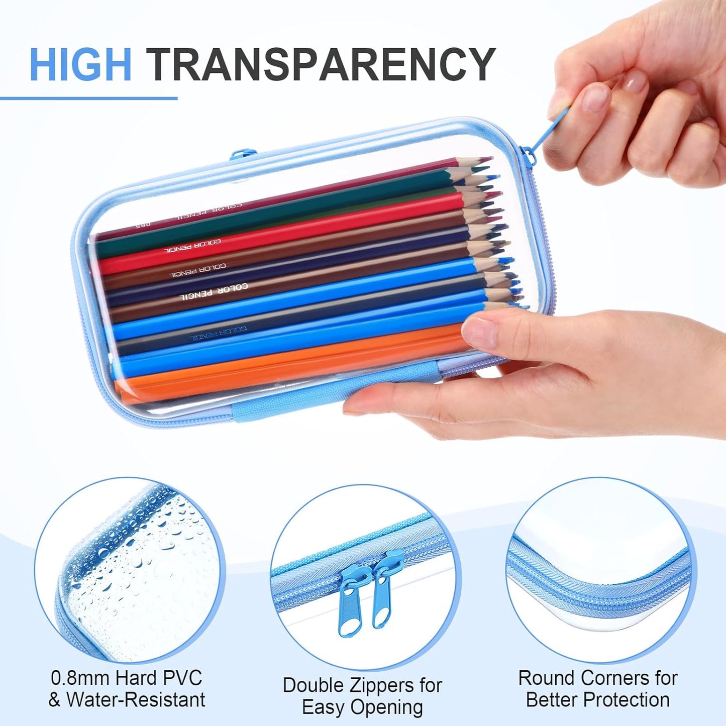 Hoolerry 3 Pcs Clear Hard Zipper Case Plastic Pouch Transparent Hard Case Clear Makeup Bag Portable Travel Organizer Bin for Cosmetics, Building Blocks, Puzzles(Blue,S)-FemmiqueWomen