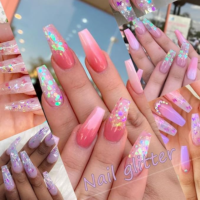 12 Grids Flaky Nail Art Glitter Sequins 3D Heart-Shaped Butterfly Ultra Thin Nail Art Sparkly Flake Designs Moon Stars Decorations Nail Glitter Sequins Suitable for Female Girl Nail Art Techniques-FemmiqueWomen