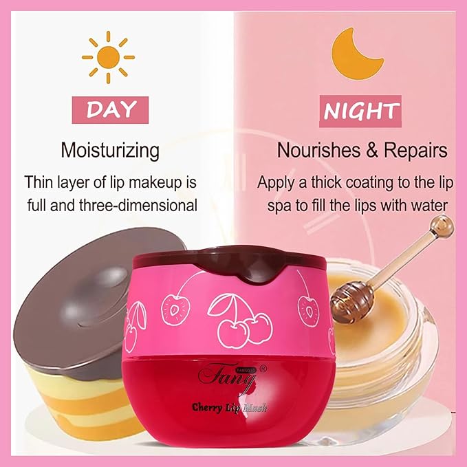1 PCS Bee Lip Balm Lip Mask Honey Pot, Cherry Moisturizing Sleeping Lip Mask Overnight with Sticks, Lip Balm Honey Pot Lip Balm Hydrating Prevention Dry and Crack Lip Scrubs Exfoliator-FemmiqueWomen