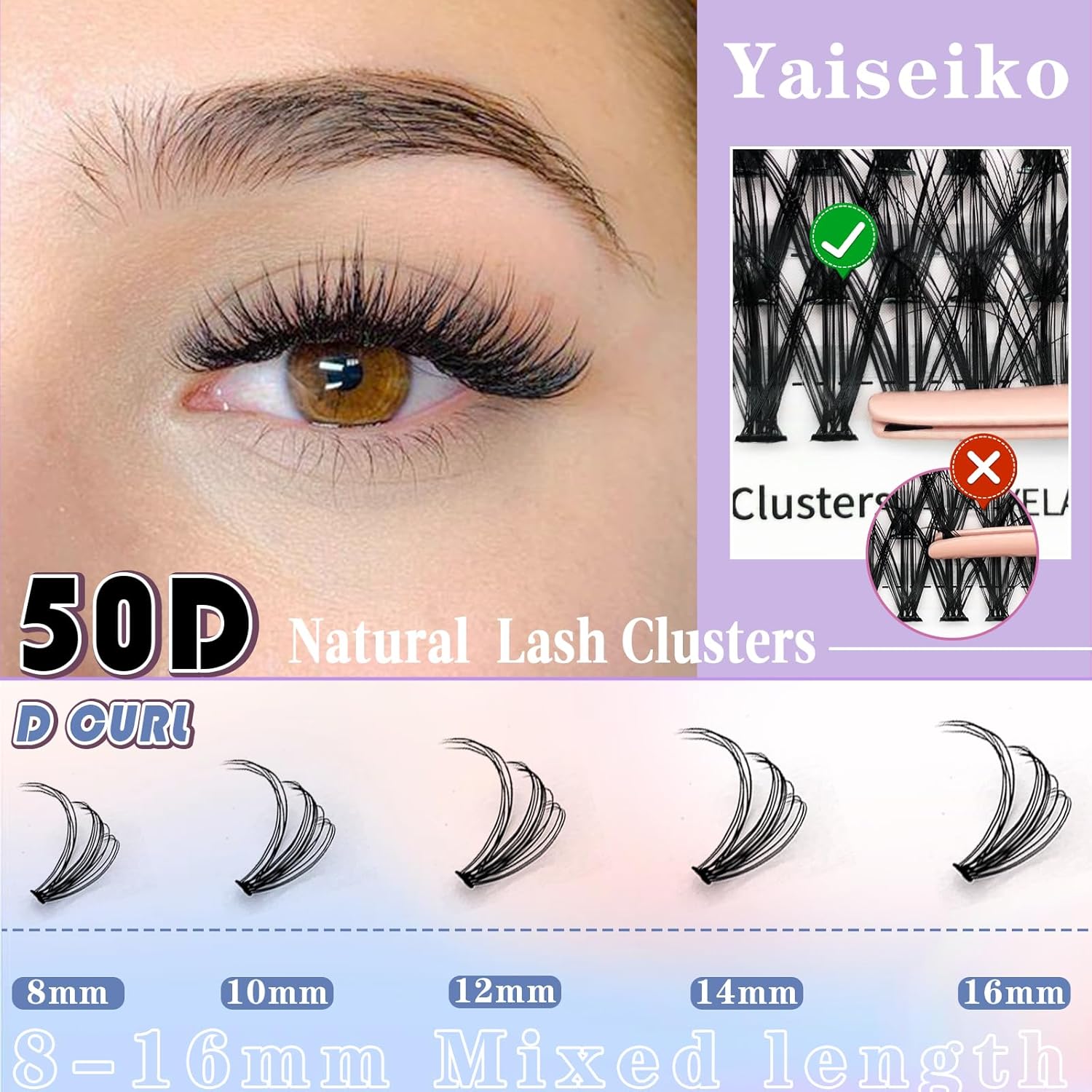 Lash Extension Kit 50D Fluffy Cluster Eyelash Extensions Kit 300 Pcs DIY Individual Lashes Kit with Lash Bond and Seal and Lashes Tweezers 8-16mm Mix D Curl Wispy False Eyelashes Pack, by Yaiseiko-FemmiqueWomen