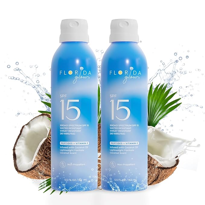 Florida Glow SPF 15 Sunscreen Spray - Hawaii 104 Reef Act & Florida Keys Compliant, Broad Spectrum - Water Resistant, Sport Sun screen - Child Friendly Oxybenzone & Octinoxate Free (5.5 Fl Oz 2-pack)-FemmiqueWomen