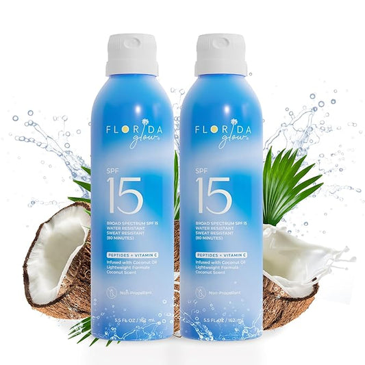 Florida Glow SPF 15 Sunscreen Spray - Hawaii 104 Reef Act & Florida Keys Compliant, Broad Spectrum - Water Resistant, Sport Sun screen - Child Friendly Oxybenzone & Octinoxate Free (5.5 Fl Oz 2-pack)-FemmiqueWomen