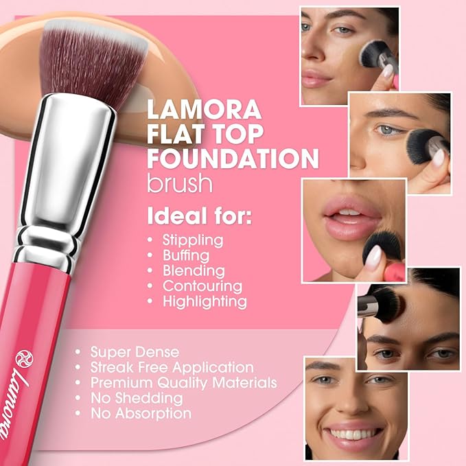 LAMORA Foundation Brush for Liquid Makeup - Kabuki Face Brush for Cream, Powder, Blush, and Concealer - Flat Top Blending, Buffing, Stippling Brush-FemmiqueWomen