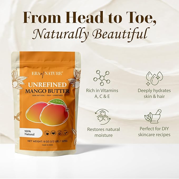 era of nature Organic Unrefined Raw Mango Body Butter Block 8oz - Moisturizing Mango Seed Raw Butter Bar for Skin & Hair, DIY Lip Balm Base, Cream, Soap & Lotion Making Supplies Kit, Personal Skincare-FemmiqueWomen