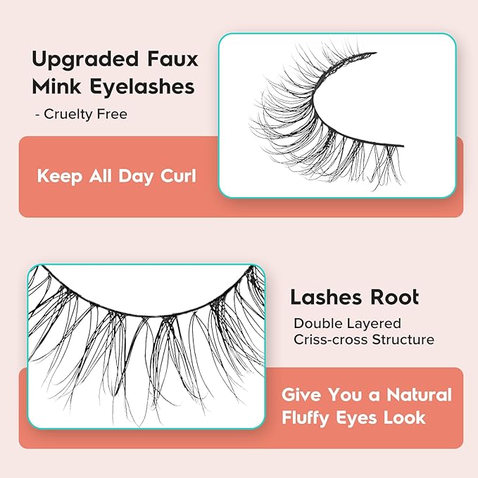 Natural Lashes Wispy False Eyelashes 10mm Short Lashes 3D Volume Strip Lashes Fake Eyelashes Siligli Lashes Thin Band Curly Eye Lashes Pack 10 pair-FemmiqueWomen