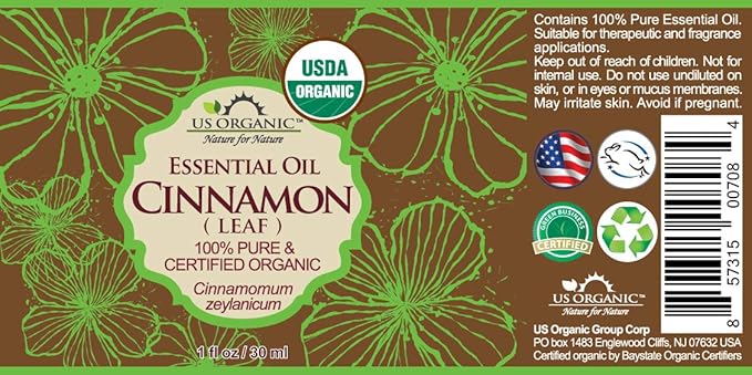US Organic 100% Pure Cinnamon Leaf Essential Oil - USDA Certified Organic, Steam Distilled - W/Euro Dropper (More Size Variations Available) (30 ml / 1 fl oz)-FemmiqueWomen